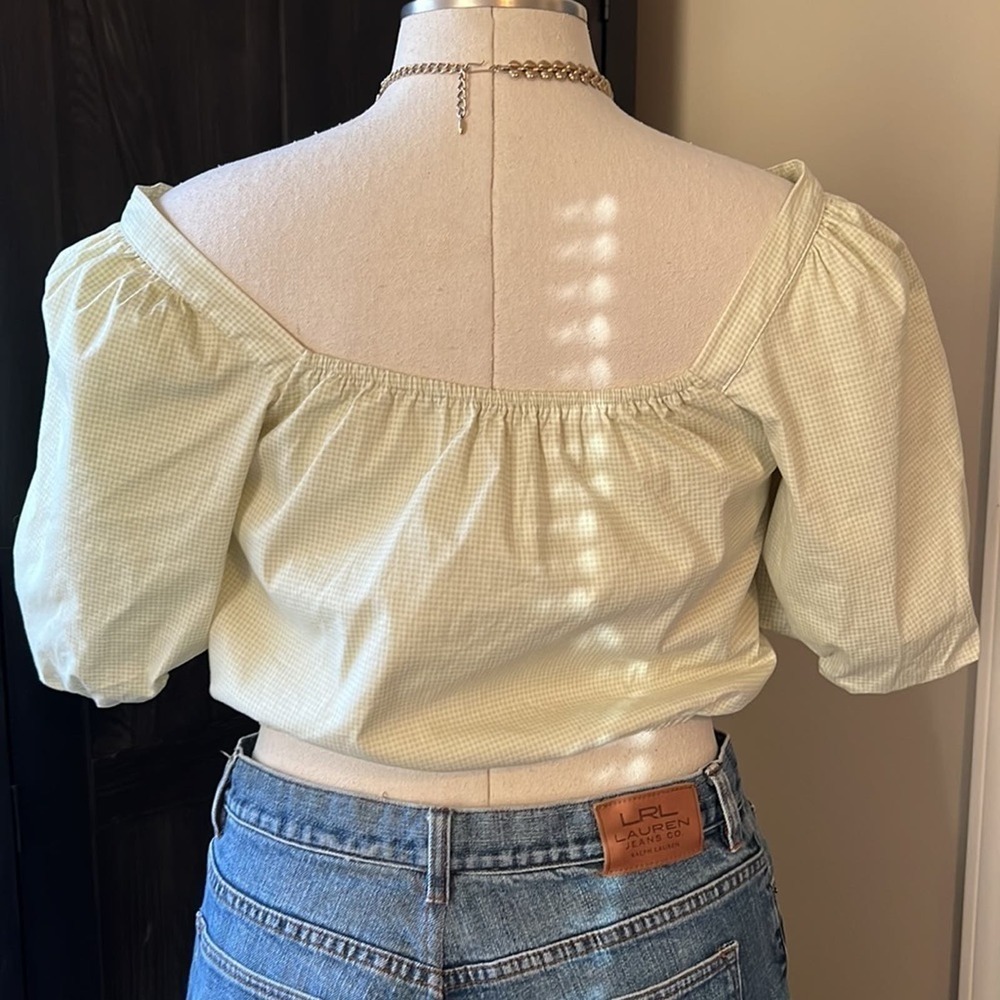 Copper Key gingham green white print cropped top with puff sleeves size large - Picture 5 of 11